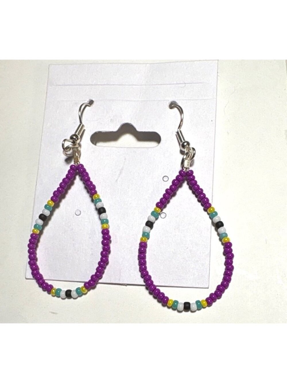 Handmade Bead Teardrop Hoop Dangle Earrings 2" Stainless Steel Seed Beads Purple